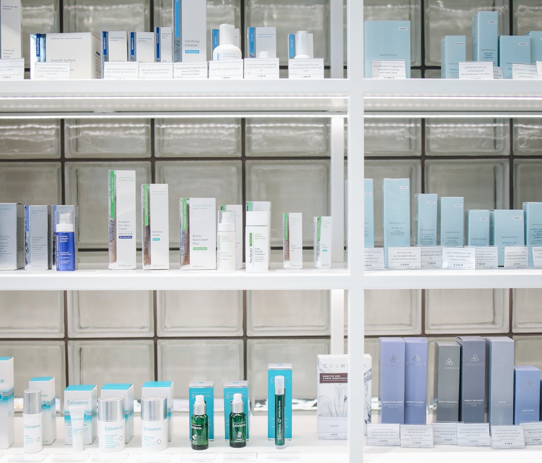 Carefully curated skincare shelves